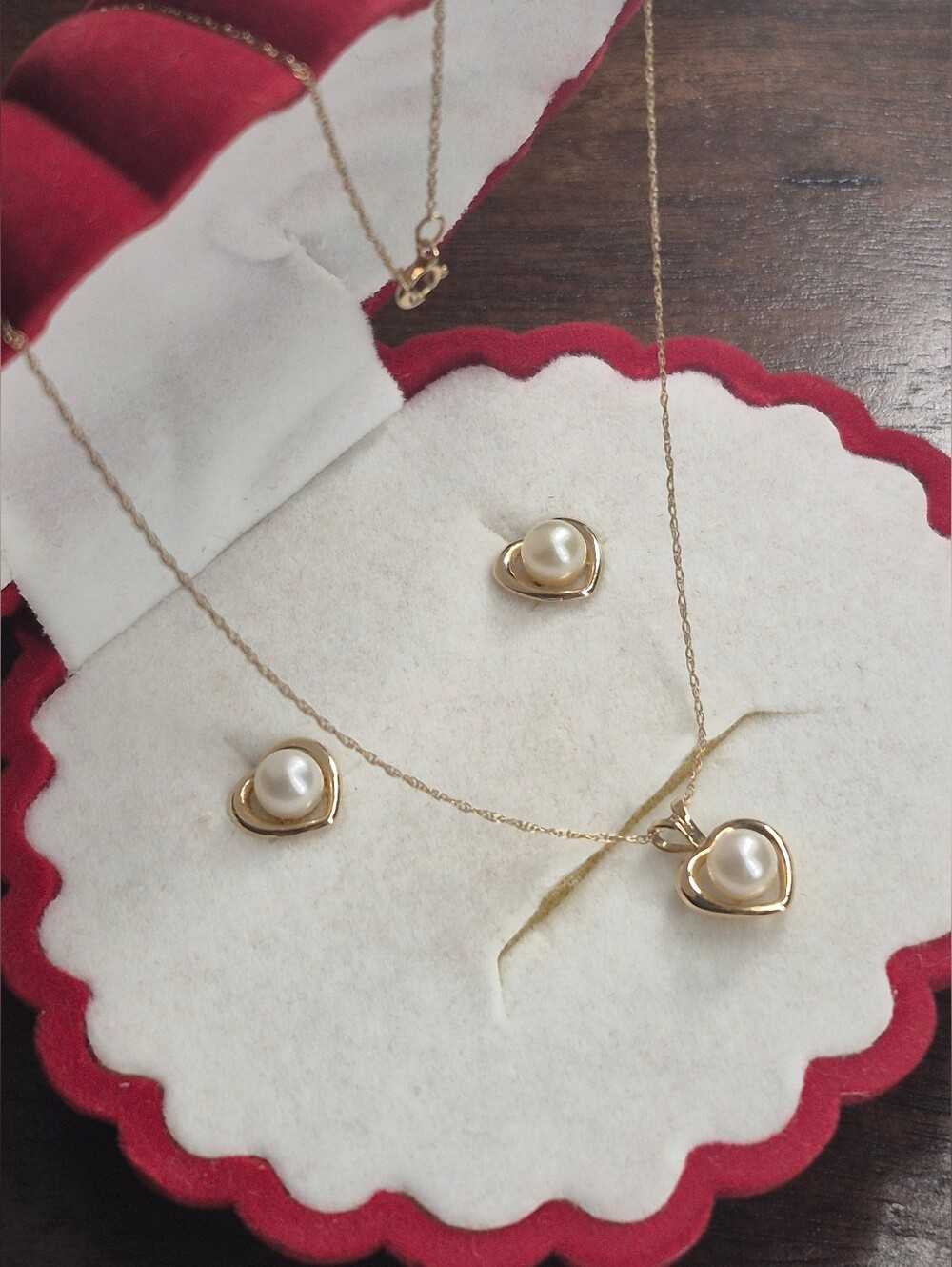 Real 14K Yellow Gold Natural Pearl Heart Jewelry Set (Necklace + Earrings)